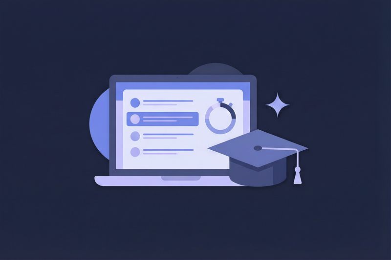 Illustration of a laptop showing an online exam interface with a timer and question options