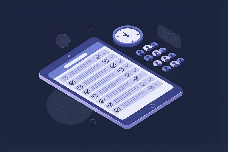Illustration of a class attendance roster on a tablet with checkmarks and a clock
